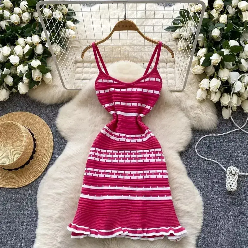 YuooMuoo Chic Fashion A-line Short Women Dress Ins Hot Y2K Geometric Knitted Summer Dress Streetwear Korean Lady Party Vestidos