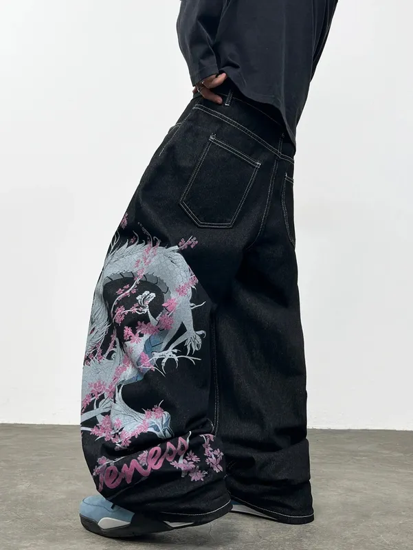 American Retro-Style Printed Dragon Black Baggy Jeans Men Y2K Street Hip-Hop Trendy Versatile Wide-Leg Pants