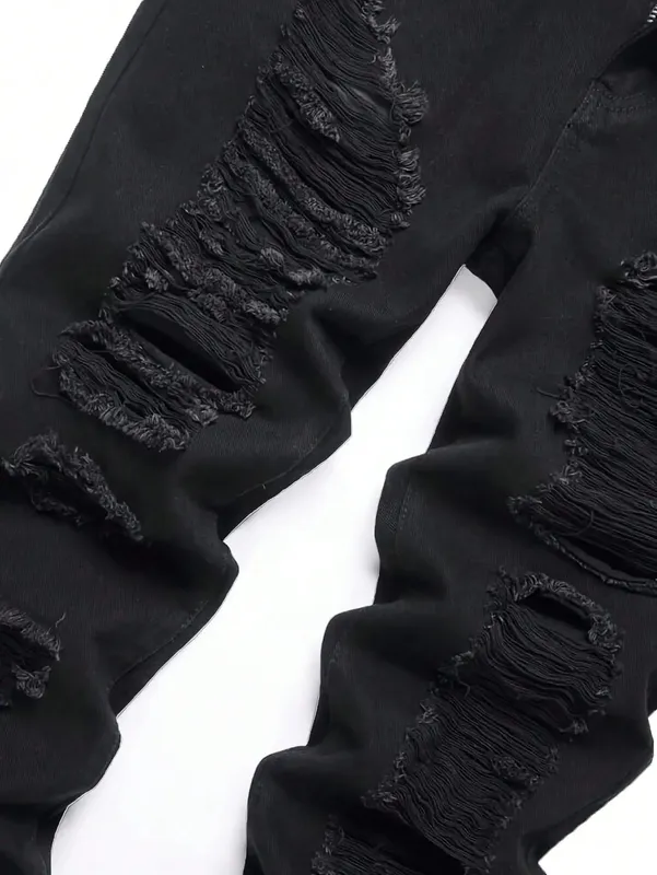 Single piece of trendy streetwear: straight-cut ripped denim jeans in black.
