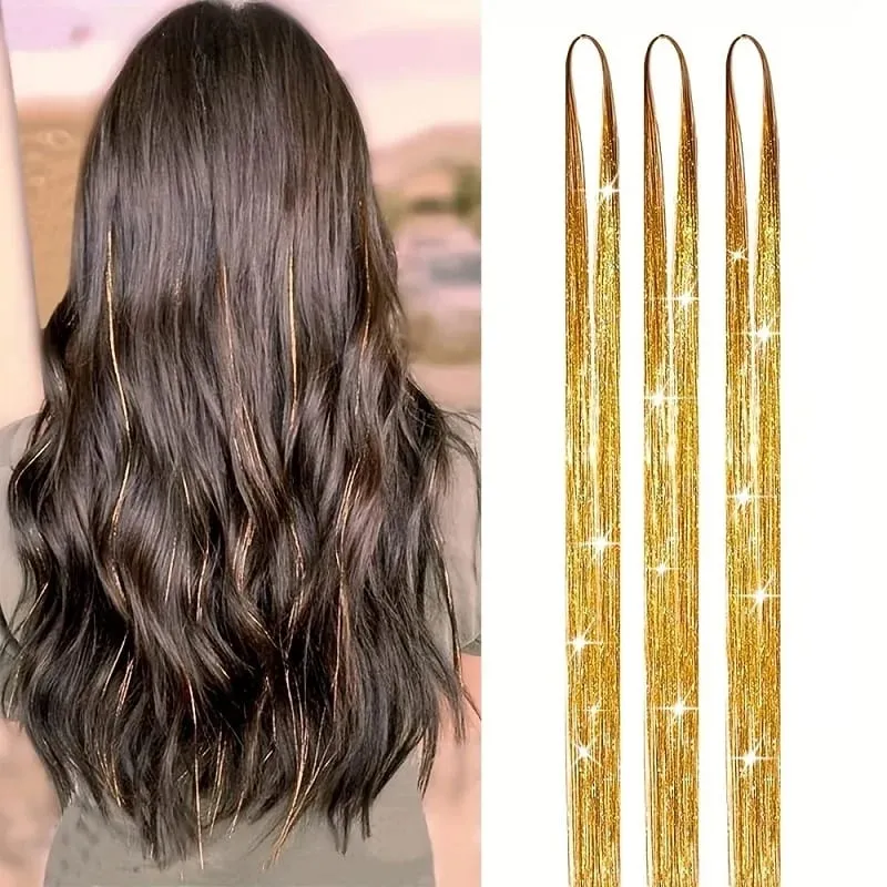 90cm Synthetic 3pcs/set Rainbow Colored Shiny Hair Laser Tinsel Long Straight Heat-Resistant Fairy Hair Extensions Party Daily