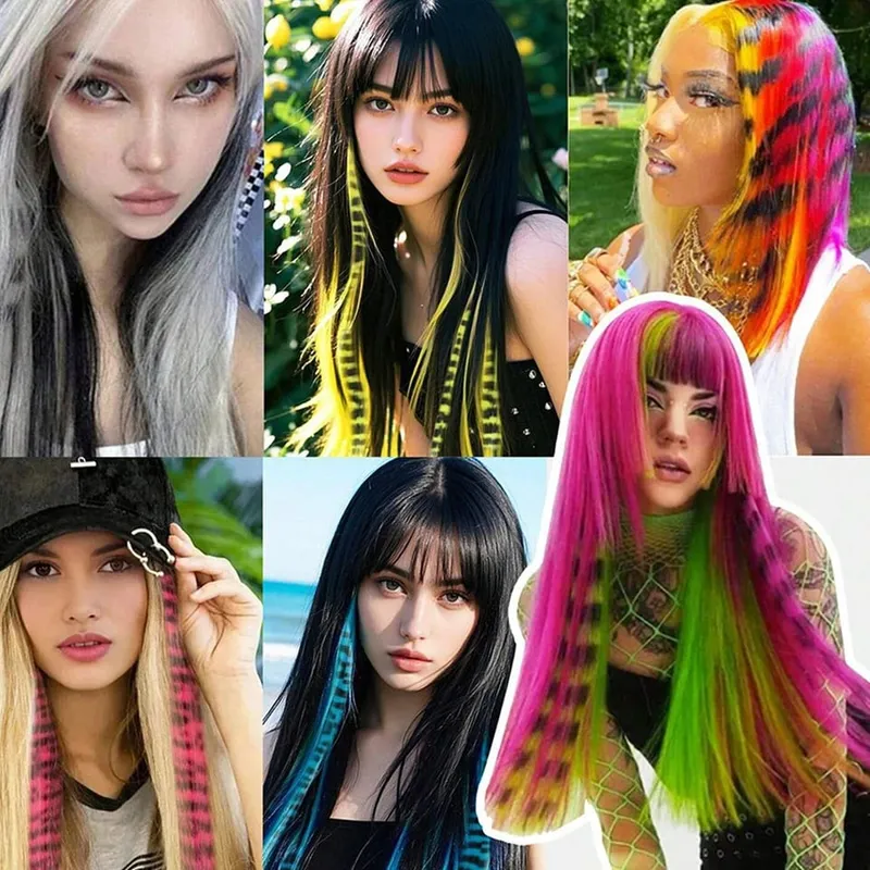 Long Straight Colorful Striped Feather Hairpieces Synthetic Y2K Green Orange Clip in Leopard Print Hair Piece Cosplay Party — image 7
