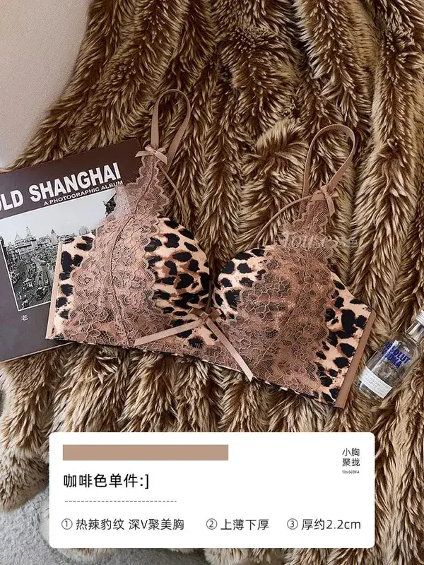 Ensemble de Lingerie Sexy en dentelle imprimé léopard pour femmes, sous-vêtements Push-Up sans fil, soutien latéral anti-affaissement, 32 à 38AB, tendance