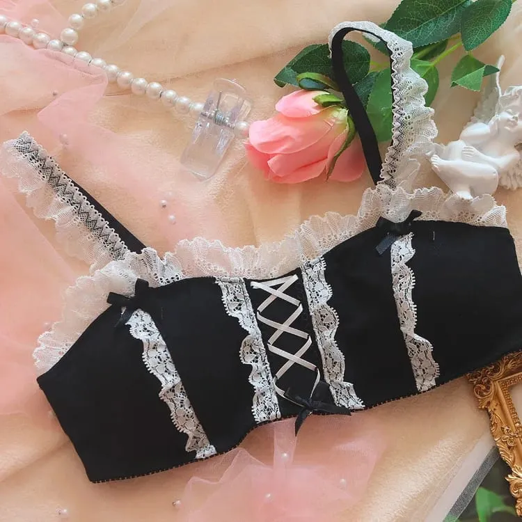 Lolita Girl biustonosze Retro Kawaii pokojówka koronkowa seksowna pokojówka Bowknot bielizna bezprzewodowy biustonosz i zestaw majtek stringi bielizna Bralette Set