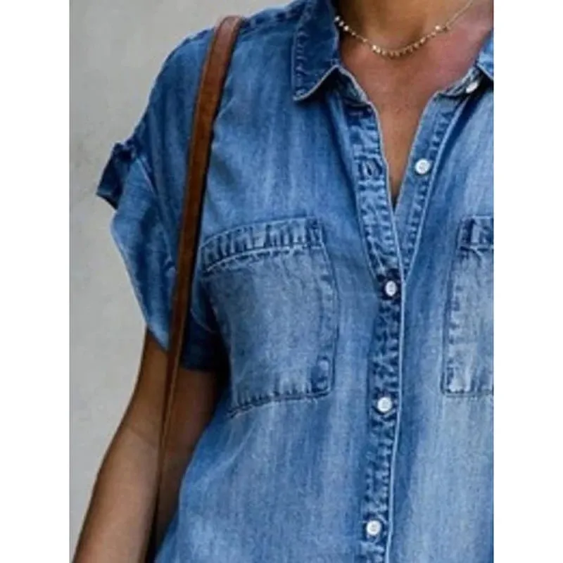Zomer Nieuwe Single Breasted Denim Shirt Jurk Dames Casual Losse Zak Eenvoudige Retro Commuter Vrouwelijke Kantoor Denim Korte Rok