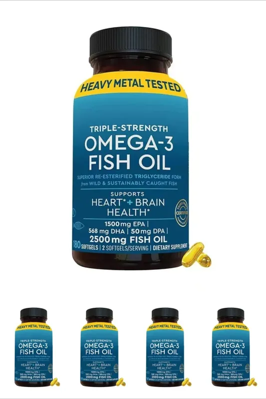 Omega-3 Fish Oil Softgels 2500mg EPA DHA DPA RTG Form 180 Count Non-GMO Gluten Free Daily Wellness Supplement for Adults