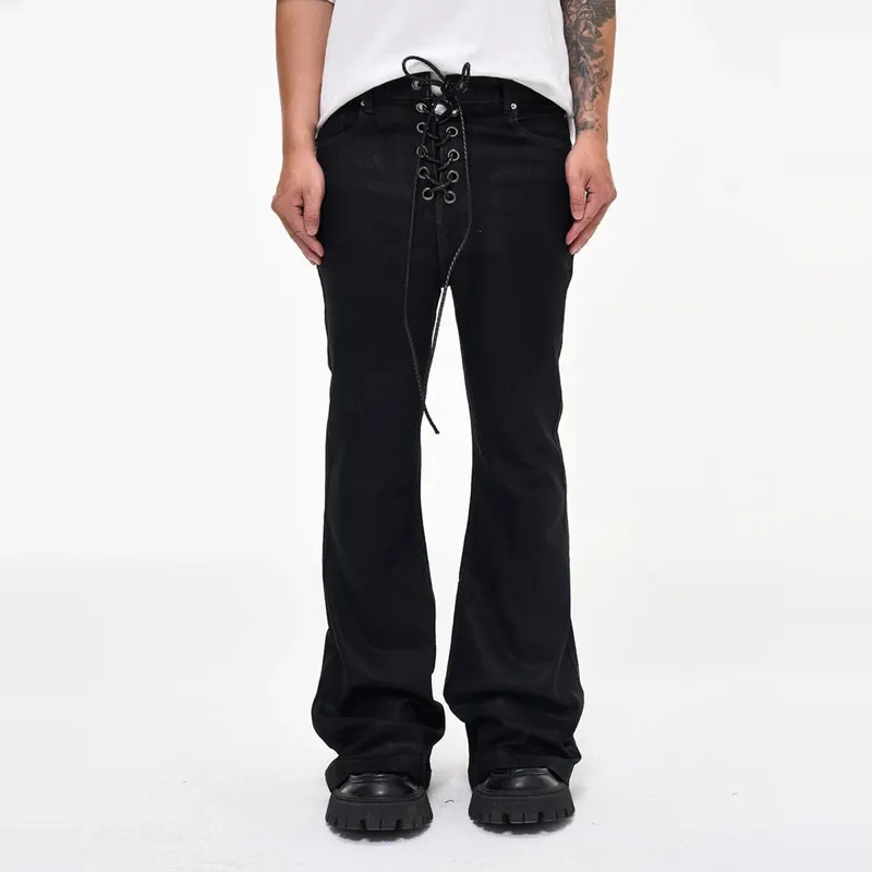 Vintage Batik Coating Sort Slim Fit Flare Jeans Elasticitet Stretch Ribbon Y2k Streetwear Casual Skinny Bell Bottom Jeans — image 2