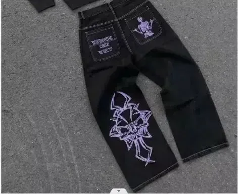 Black Winged Angel Skull Embroidered Baggy Denim Jeans Men Y2K Streetwear Vintage Oversized Cotton Casual Hip Hop Fashion Pants