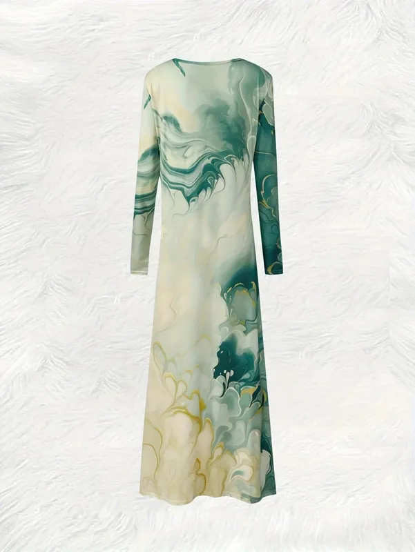Women's Long Sleeve Round Neck Floral Print Dress Vacation Style Green Blue Yellow Wave Pattern Summer Casual A Line Dress — image 2
