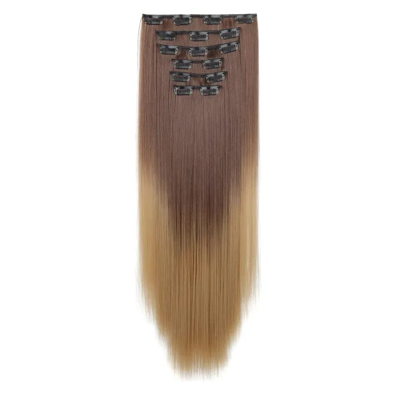 6PCS/Set Clip In Hair Extensions Long Straight Hair Full Head Ombre Gradient Color Synthetic Hairpiece For Women Daily Use