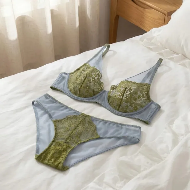 Sweet Mesh Lace Flower Bra Set Lingerie Brassiere Push Up Bra Women Thin Seamless Lace Floral Underpants Home