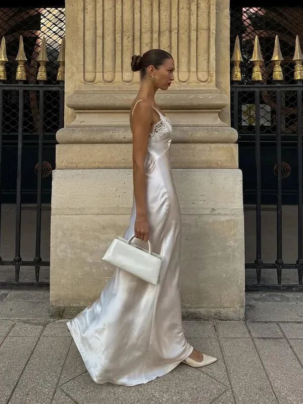 Women Sexy V-neck Satin Sling Maxi Dress Chic White Lace Patchwork Sleeveless Backless Slim Gowns Summer Evening Party Dresses