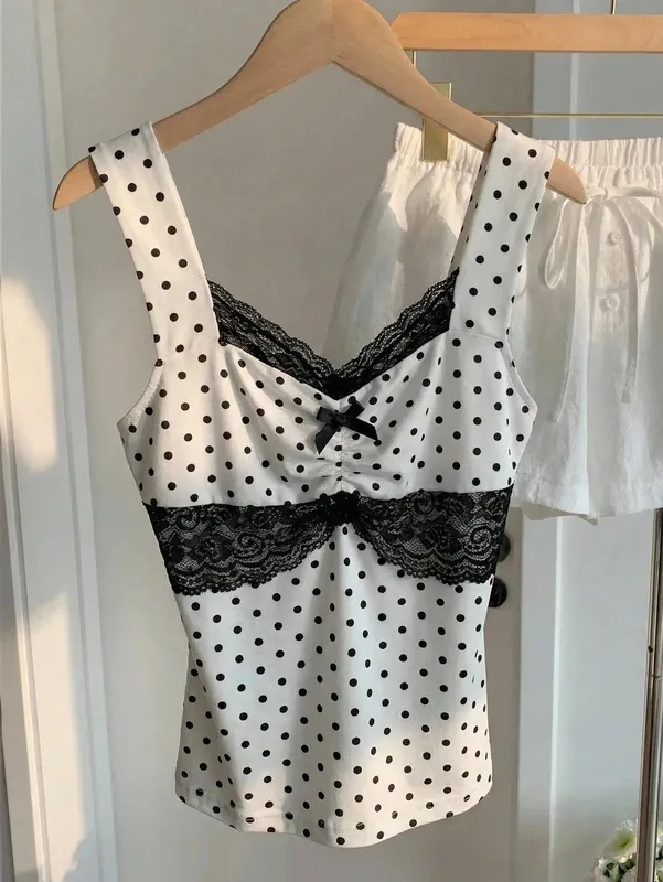 Women's Sexy Lace Trim Pleating Chest Bow Decor Slim Fit Tank Top Casual Backless Polka Dots V-Neck Top Summer 2026