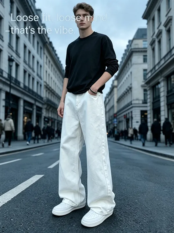 Baggy Jeans for Men Retro Style Solid White Loose Wide Leg Denim Trousers Men Casual Daily Streetwear Washed Men's Jeans Pants