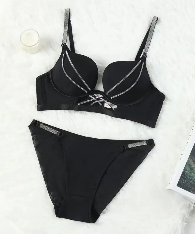 Rhinestone Sexy Bra Set Bralette Girls Underwear Brassiere Fashion Deep V Gather Bras Lingerie Panty Sets