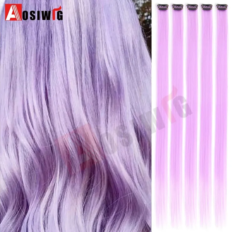5PCS Long Straight Synthetic Purple Orange heat-resistant Hair Extensions Clip in 24 Inch Colored Party Highlights Hairpieces fo