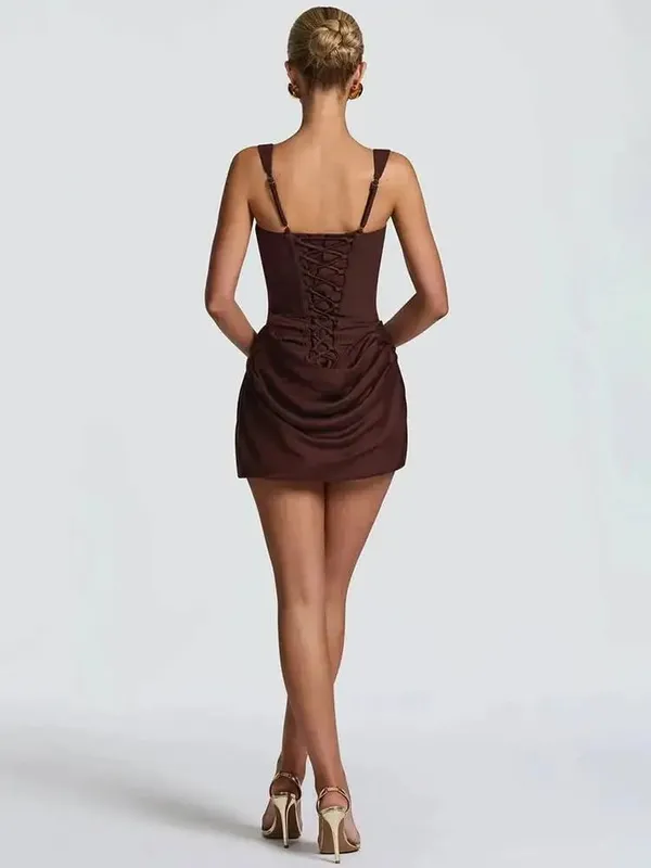 Mozision Backless Ruched Sexy Mini Dress Women Elegant Tapered Straps Square Collar Sleeveless High Waist Club Party Dress