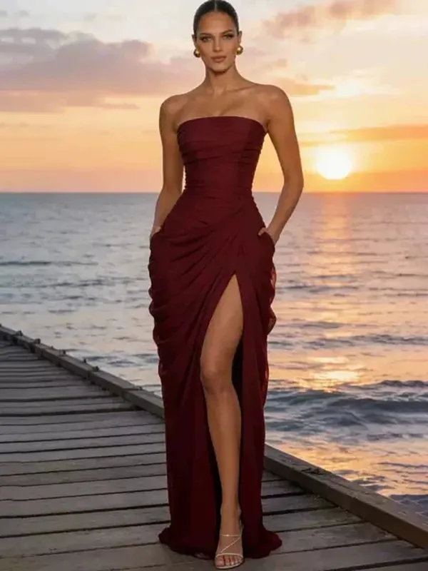 Mozision Chiffon Off-shoulder Strapless Sexy Maxi Dress Women Elegant Sleeveless Backless High Split Ruched Club Party Dress