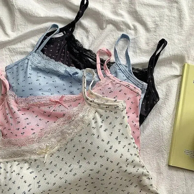 Elegant Lace Flower Print Slim Sexy Vest Floral Tops One Size Tank Spring Sweet Bowknot Style T-Shirt Casual Crop Top Summer