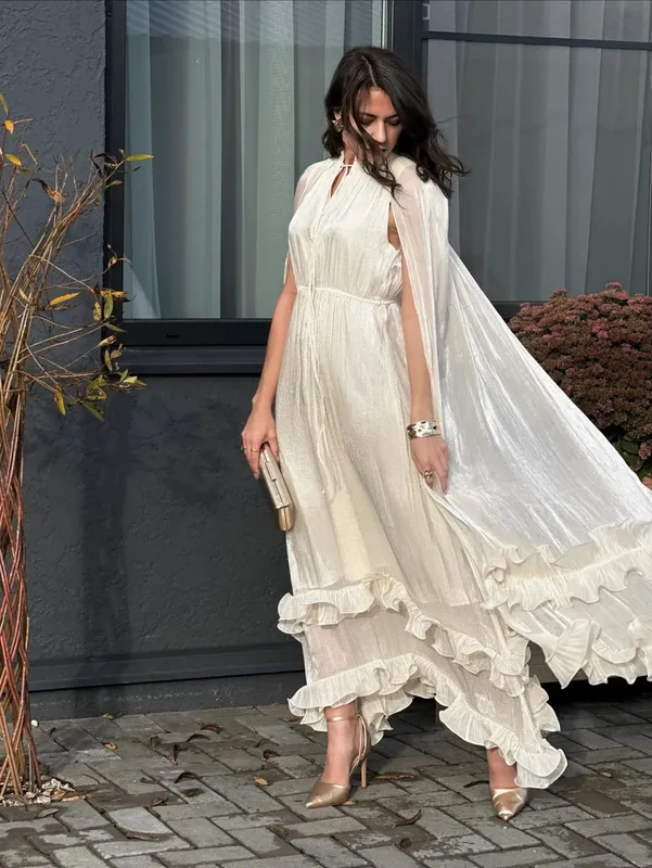 Women Solid Ruffle Maxi Dress Fashion Lapel High Waist V-neck Sleeveless Pleated Chic Dresses 2026 Summer Lady Evening Robes