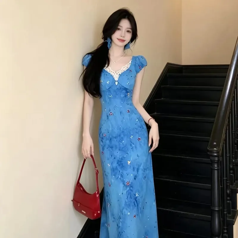 Elegant Blue Lace Splice Beach Vacation Style Tea Break Dress High Waist A-Line Skirt Short Sleeve V-Neck Commute Korean Style