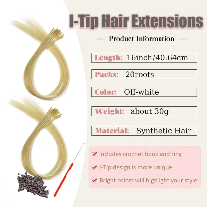 20roots 16inch I-tip Fusion colorful Synthetic Hair Extensions with crochet hook and ring Y2K style