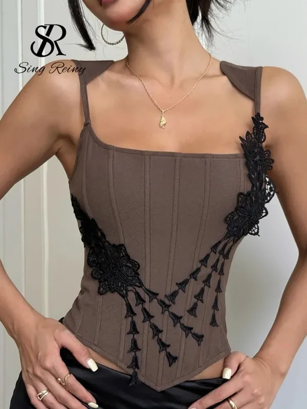 Hot Girl Embroidery Backless Camisole Female Strap Sleeveless Floral Design Crop Top Solid Chic Underwire Corset Top