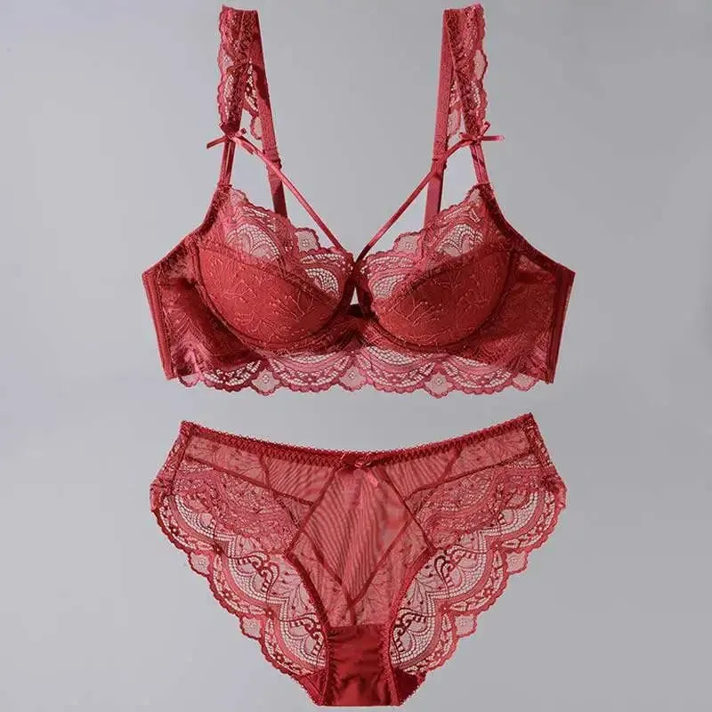 Elegant French Style Lace Lingerie Set Slim-Fitting Adjustable Gathers Mas Malaking Bust Mas Maliit na Hitsura Babae Soft Bra S-2XL Comfor Bra