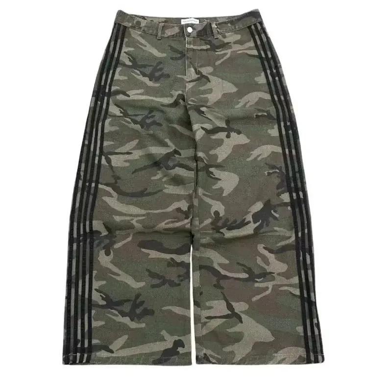 Retro Y2K Baggy Jeans Wide Leg Denim Pant Men's Camouflage Embroidered Striped Harajuku Sweatpants Women Hip Hop Streetwear Camo