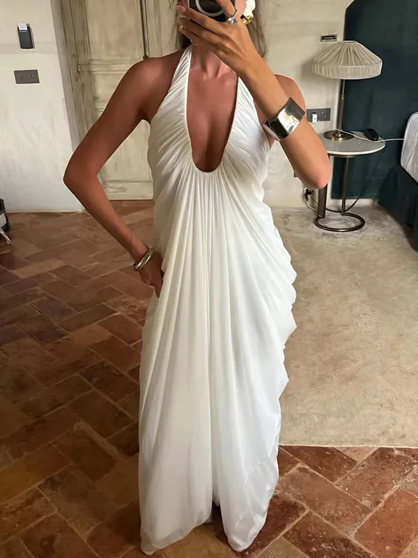 Mozision Mesh Halter Backless Sexy Maxi Dress Women Gown Fashion Elegant V Neck Sleeveless Pleated Club Party Long Dresses — image 2