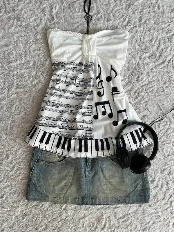 Music Note Piano Key Print Halter Tops Women Y2K Sweet Gothic Strapless Vest Bow Front Ruffle Hem Camisole Fashion Streetwear