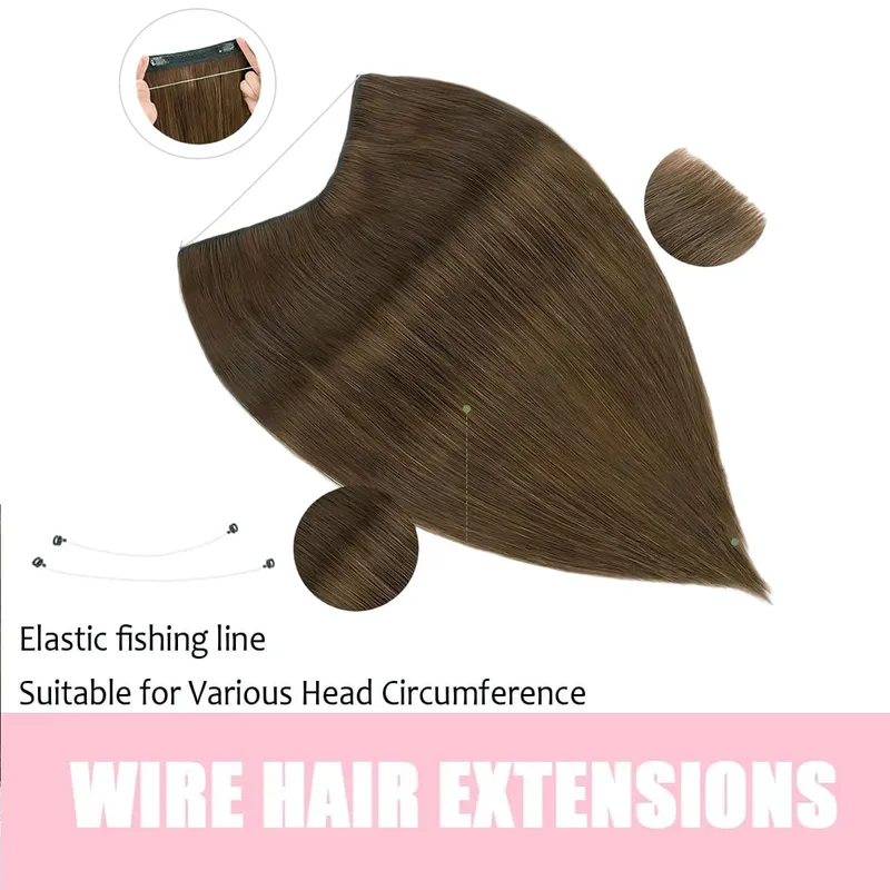 Invisible Halo Hair Extensions Real Human Hair Fish Wire Adjustable Band Secret Clip-in Extension for Women Chocolate Brown