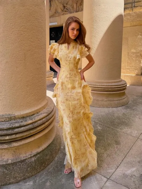 Floral Print Stand Collar Ruffled Tiered Dress Waist Cinched Flutter Sleeve 2026 Summer Women Dress Casual Delicate Lady Vestido