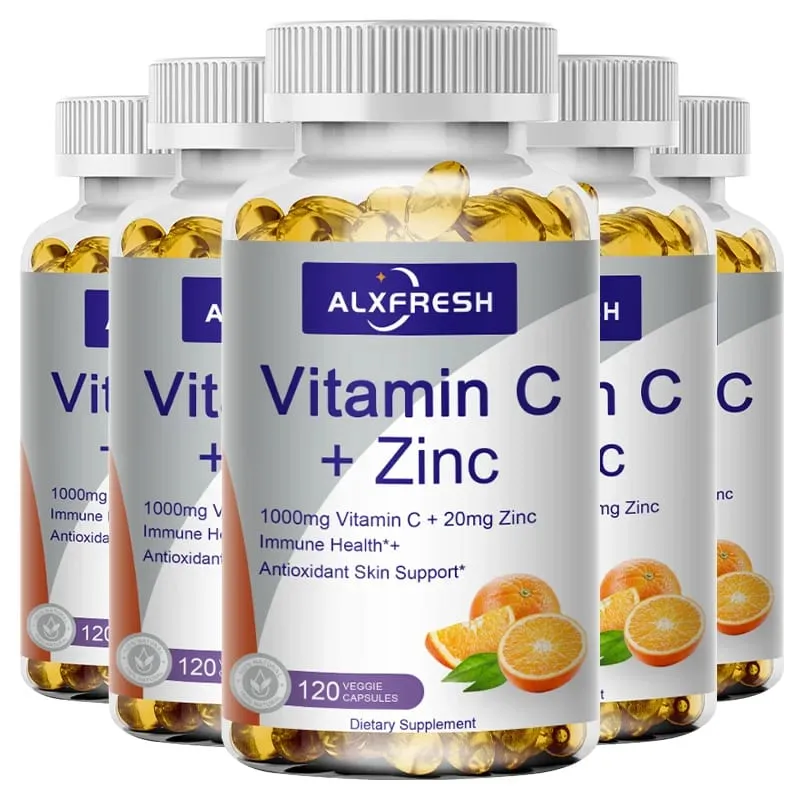 Alxfresh C-vitamin 1000mg med zink 20mg | Vitamin kosttilskud | Ikke-GMO og glutenfri vegansk | til immunstøttehætter