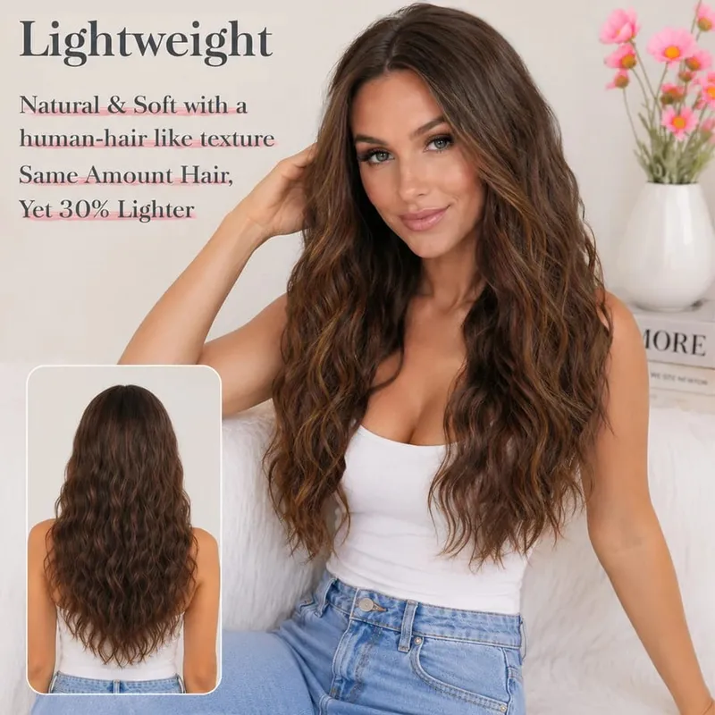 Clip in Hair Extension for Women - 3 Pcs Thick Double Weft Long Wavy Soft Synthetic Blends Well Hair Extension 20inch Dark Brown