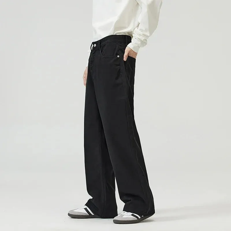 100％ Cotton Men's Baggy Straight Jeans Comfortable Soft Casual Pants Fashion Korean White Brown Denim Trousers Male Clothing