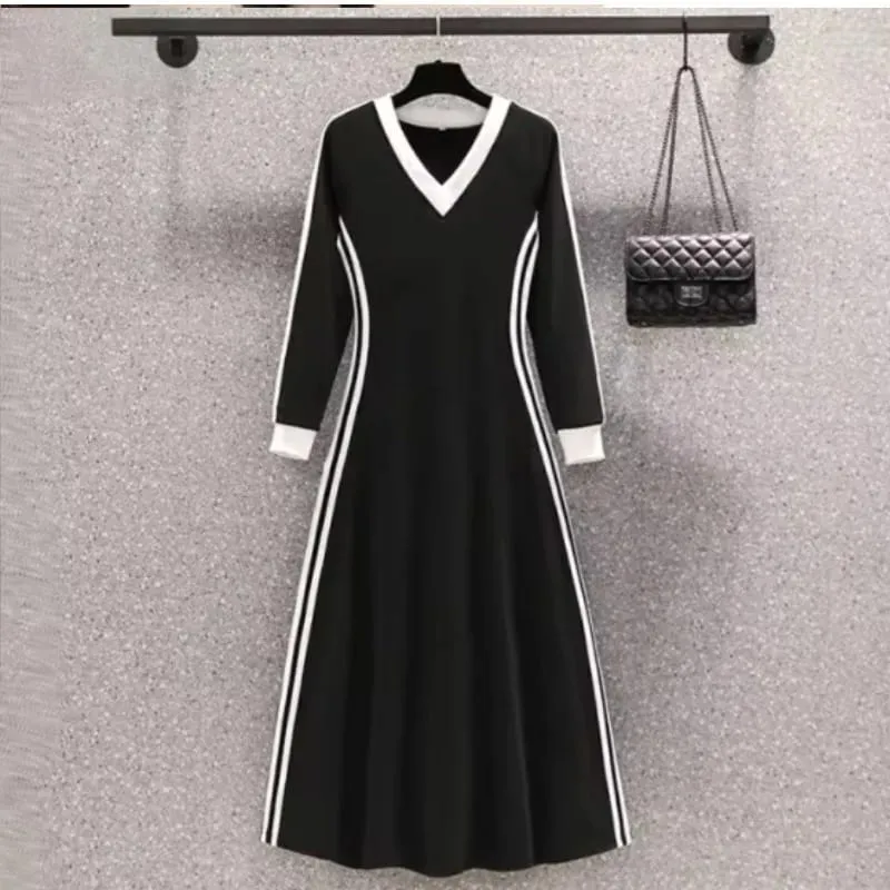 Women Autumn Midi Dresses New Black Vintage Ins Simple Y2K V-neck Korean Preppy Style Elastic Long Sleeved A-Line Sports Dress