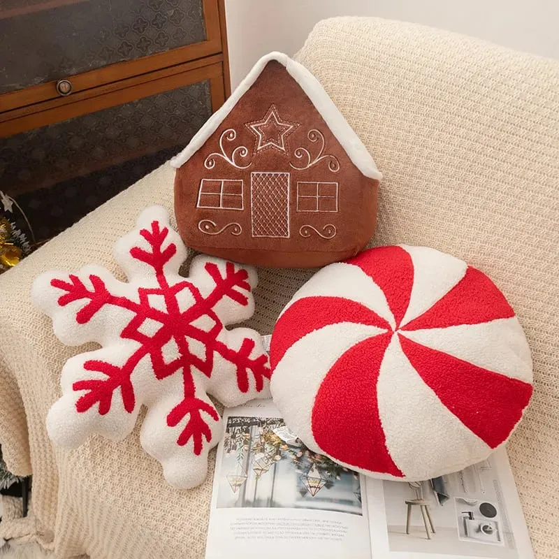 Christmas Day Plush Decor Pillow Stuffed Wreath Snowflake White Red Round Candy Soft Seat Cushion Party Prop Decor Gift