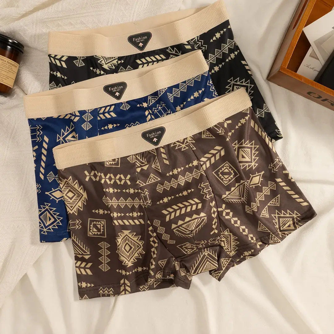 Erkek Boxer Retro Etnik Tarzı Rahat Pürüzsüz Kumaş Külot Vintage Baskı Elastik Iç Çamaşırı Erkek Iç Çamaşırı Düz ​​Külot