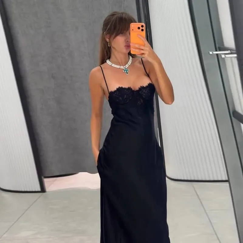 Backless Satin Long Sling Dress Women V Neck Sleeveless Slit Solid Sexy Party Dresses 2026 Summer Lady Vacation Evening Robes