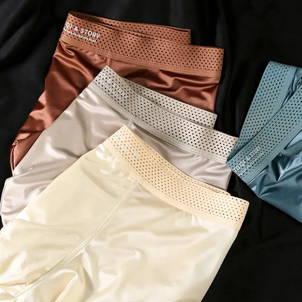 1pc Männer Satin-wie Eis Seide Boxer Glatte Höschen Aushöhlen Bund Unterhose Atmungs Einfarbig Unterwäsche Stamm