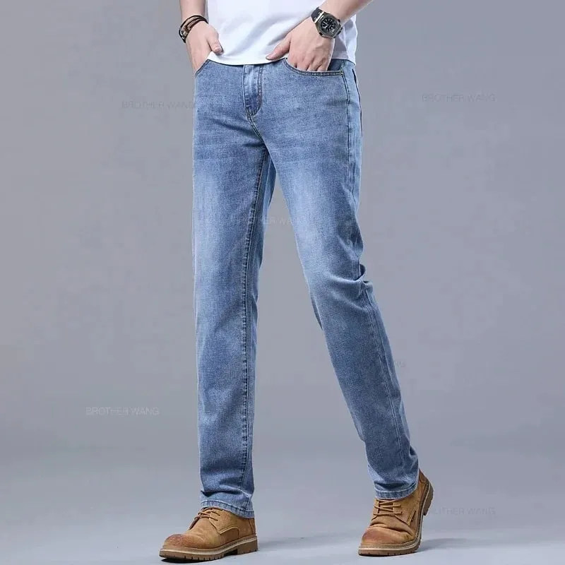 2026 Spring Summer Men's Slim Jeans Stylish Casual Stretch Fabric Denim Pants Classic Trousers Smoke Gray Plus Size 40