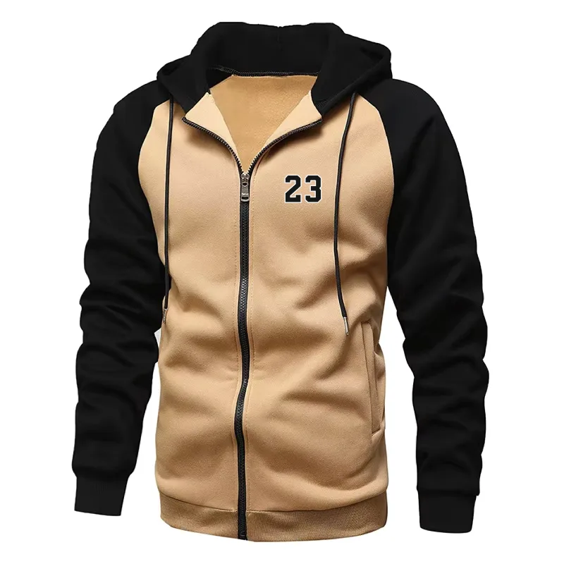 Men's Number 23 print Fleece Hoodies Long Sleeve Sweatshirt para sa Mga Lalaki Zipper Hooded Mens Fashion color blocking Sweatshirt