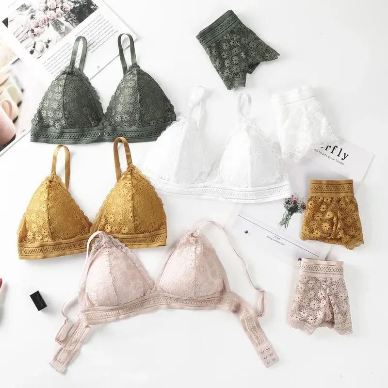 Lace Back Women Bra Set Without Steel Rims French Triangular Cup Comfortable Chest Covering Stretchable Skin Friendly Underwear