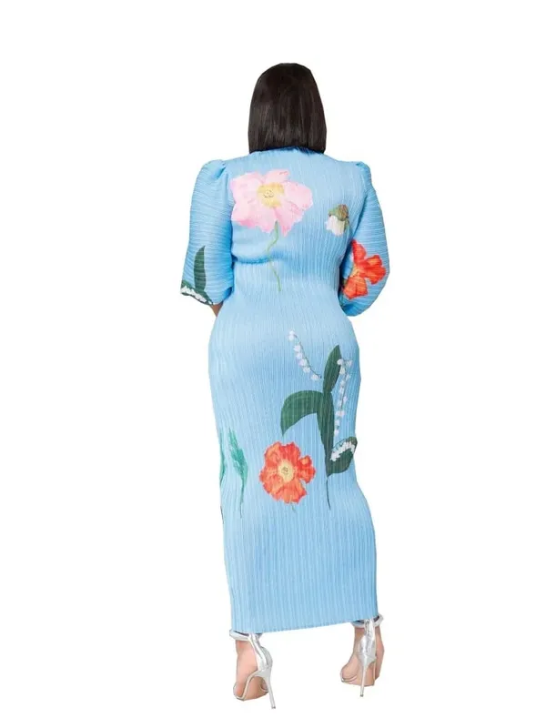 Wmstar vestidos femininos atacado moda senhoras de alta qualidade lanterna manga plissada flor impressão em torno do pescoço maxi vestido novo verão
