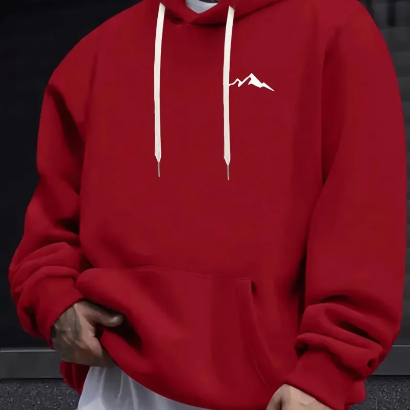 Men's autumn and winter casual fashion loose mountain print long sleeved hooded sweatshirt warm pullover