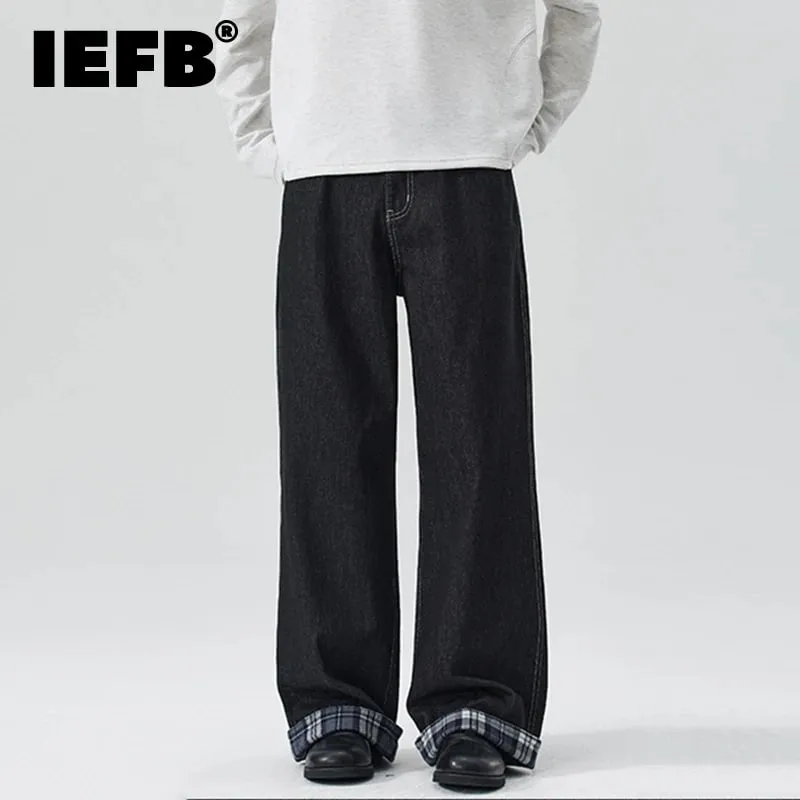 Men's Denim Black Jeans 2026 New American Style Trendy Plaid Bottoms Patchwork Raw Long Pants Loose Straight Trousers X2560