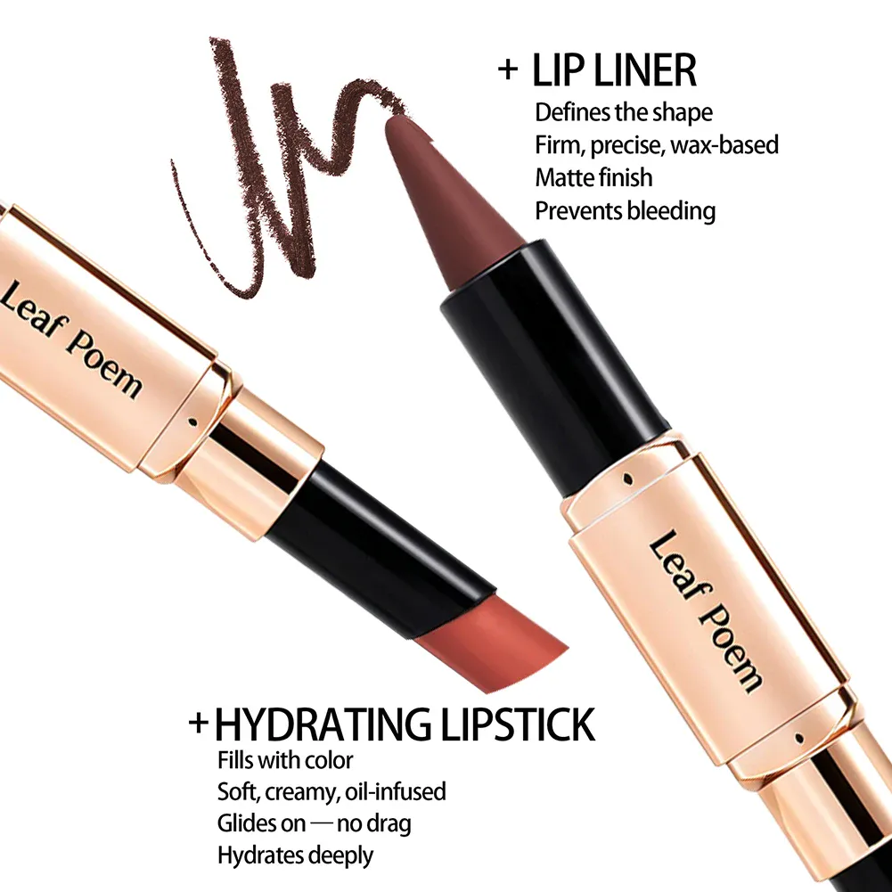 Dual‑Head Matte Lipstick Lip Liner Pen 2‑in‑1 Lip Definer & Lip Color Stick Smooth Lip Makeup for Daily Party Use