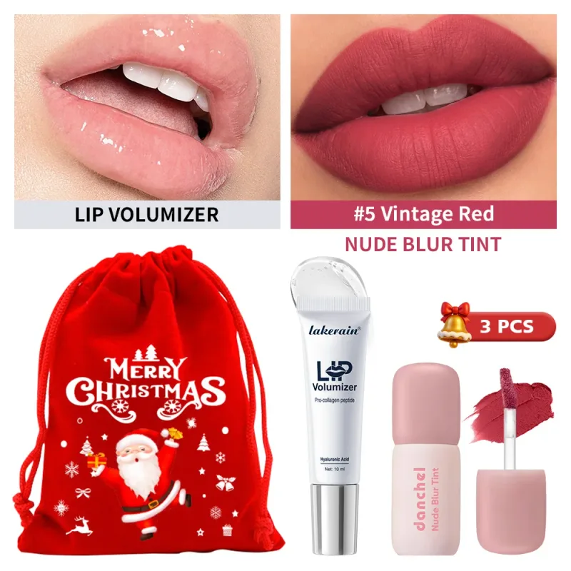 3 Pcs Christmas Lip Set Lip Volumizer Serum & Nude Blur Lip Tint Moisturizing Plumping Long Lasting Matte Lip Makeup Holiday Kit