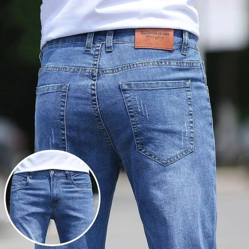 Korean Reviews Many Men's Clothes 2025 New Spring Summer Business Jeans Light Blue Straight Loose Fashion Casual Long Pants Men