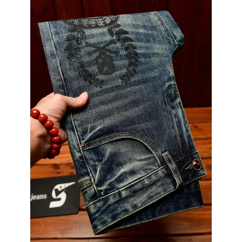 High end jeans men with ripped holes street fashion prints small feet elastic retro and handsome pants
